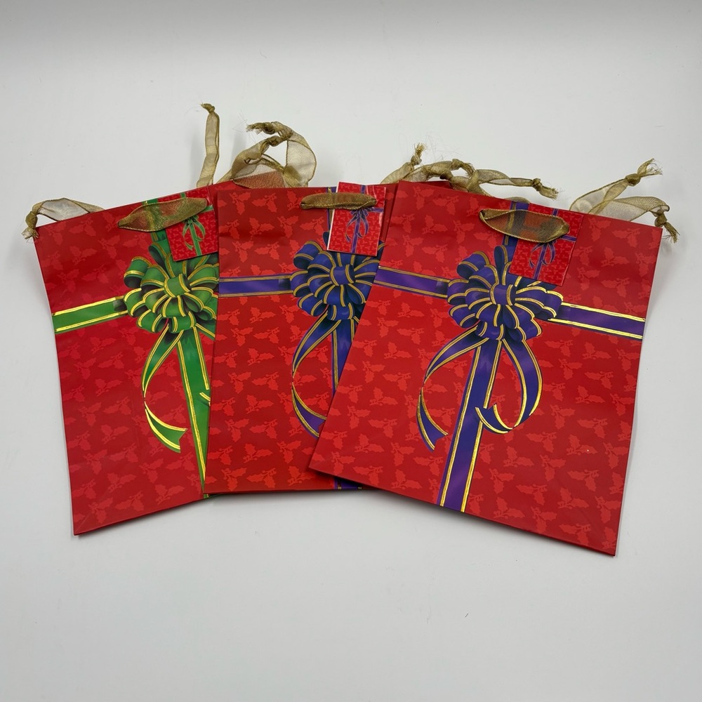 Set of 3 Red Christmas Gift Bags with Gold Ribbon Handles